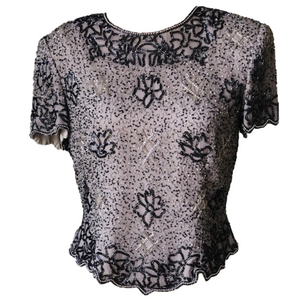 Vintage Papell Boutique Evening 100% Silk beaded blouse blue gray. Sophisticated